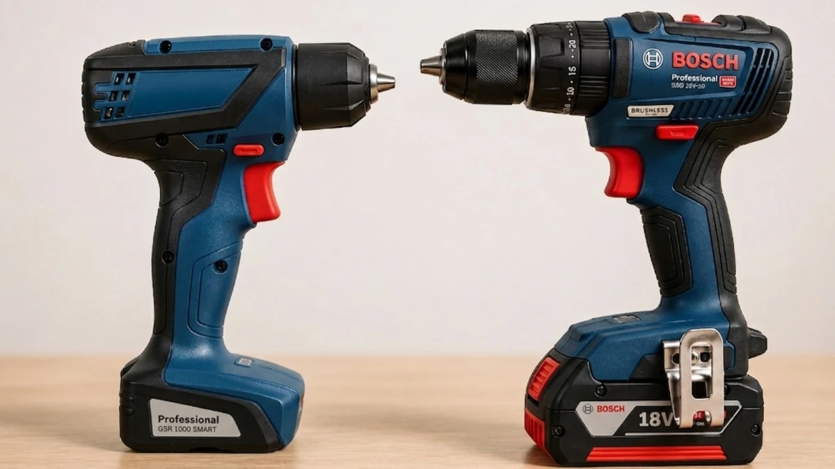 comparativo entre parafusadeira 12v e 20v lado a lado mostrando diferença de tamanho e potência