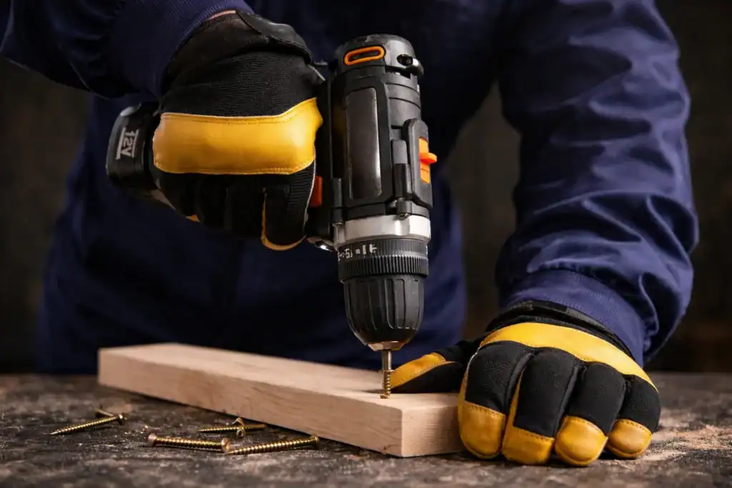 Parafusadeira 20V sendo usada em madeira para tarefas mais exigentes