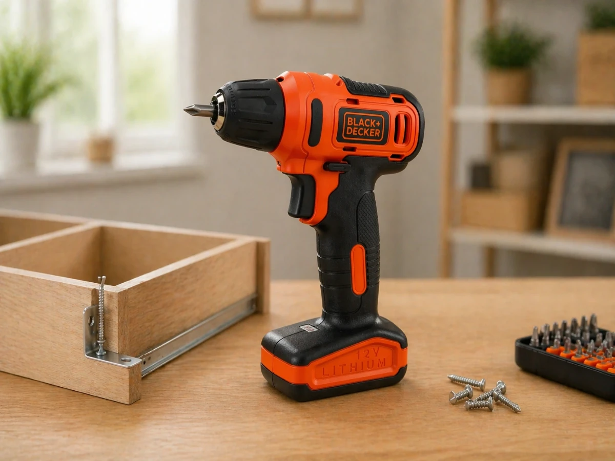 Parafusadeira Black+Decker LD12S 12V laranja em mão — leve para uso doméstico em apartamento 2026
