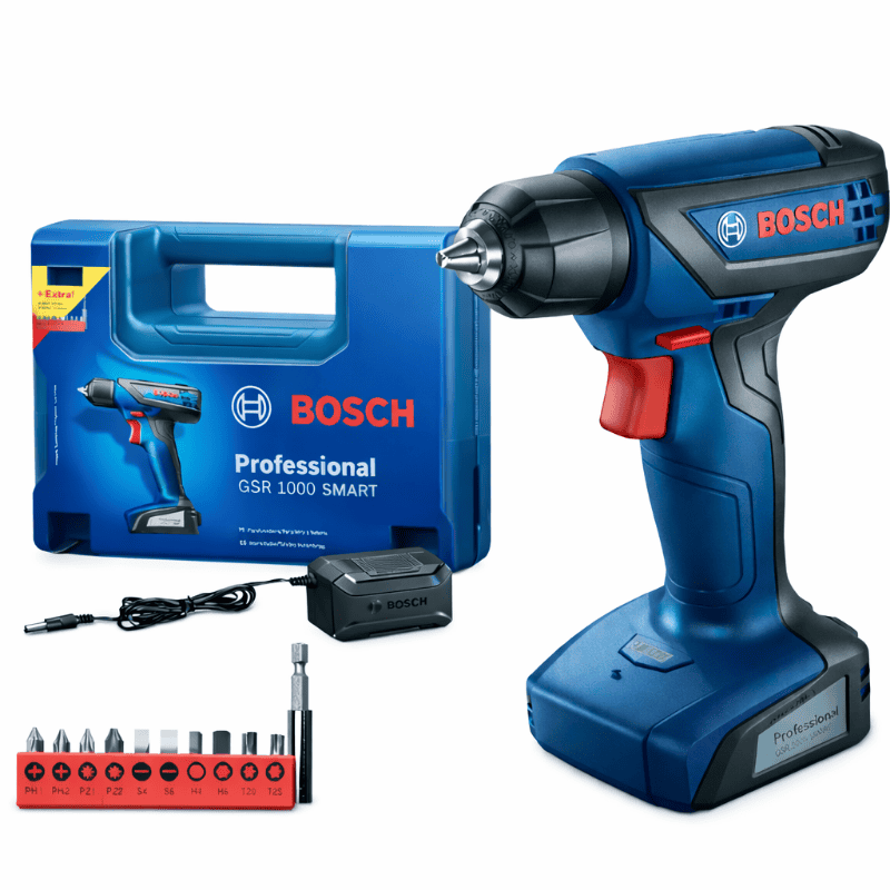 Parafusadeira Bosch GSR 1000 Smart 12V para uso doméstico com kit de acessórios