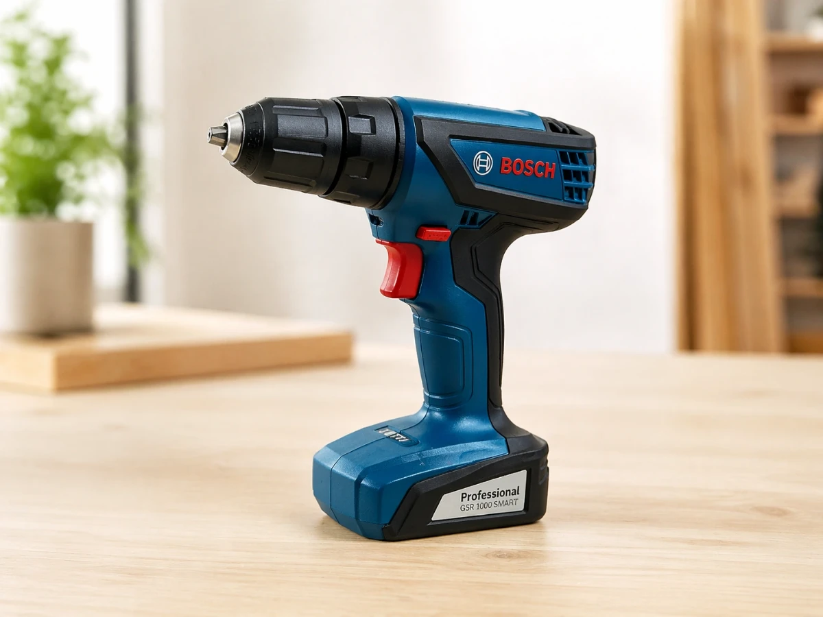 Parafusadeira Bosch GSR 1000 Smart 12V em destaque sobre bancada de madeira com parafusos ao lado
