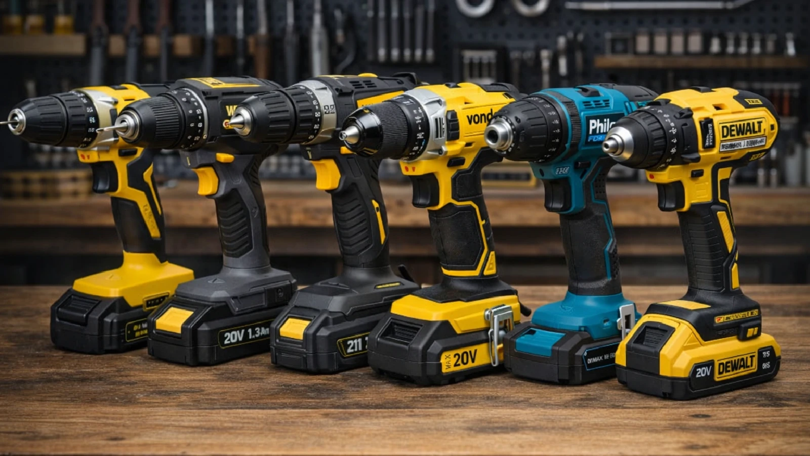 As melhores parafusadeiras 20V em 2026 reunidas em uma bancada de oficina