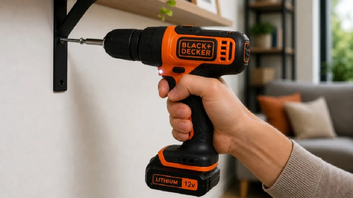 Parafusadeira Black+Decker LD12S 12V laranja em uso — menor peso da lista com 0,85 kg e empunhadura emborrachada