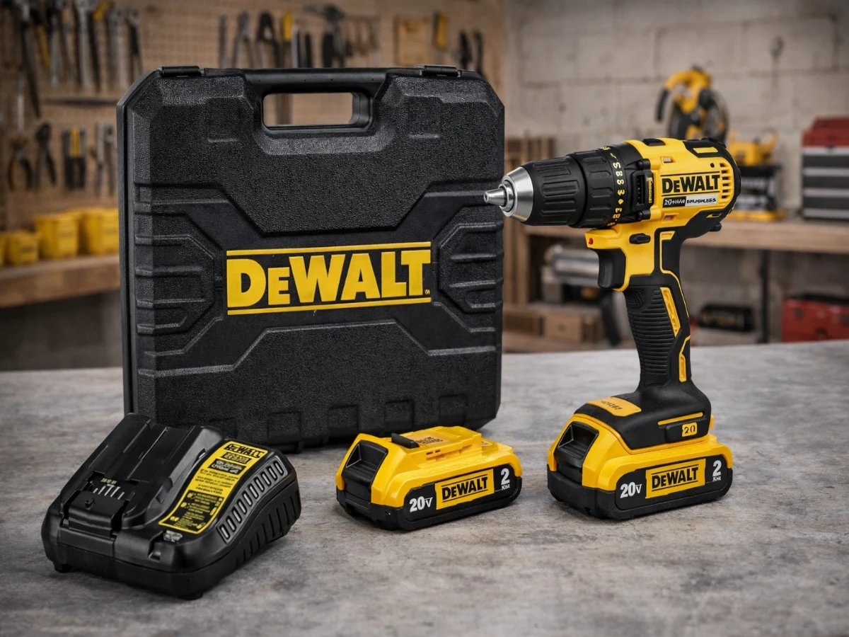 Parafusadeira DeWalt 20V Brushless com maleta, carregador e bateria sobre bancada de oficina