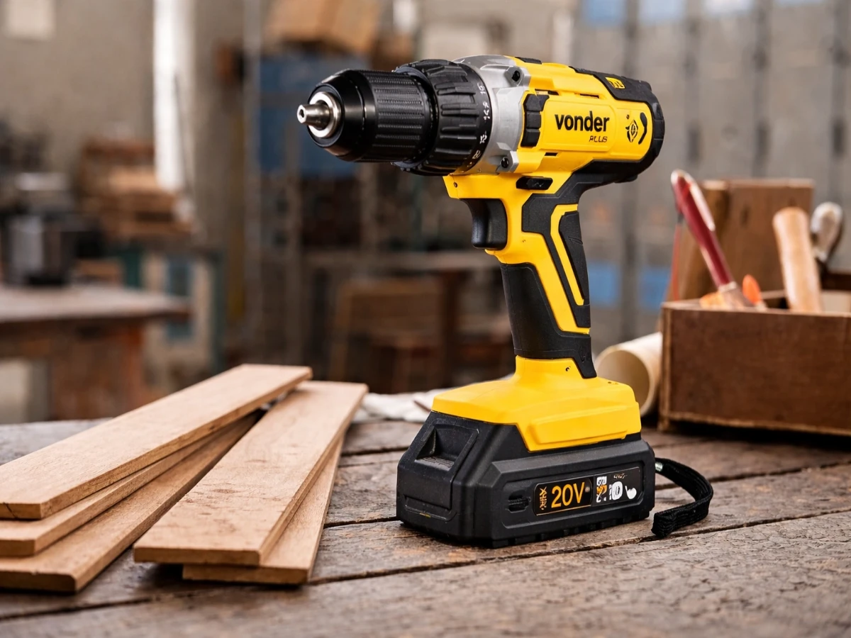 Parafusadeira Vonder PFV 200i 20V sobre bancada de madeira em ambiente de oficina