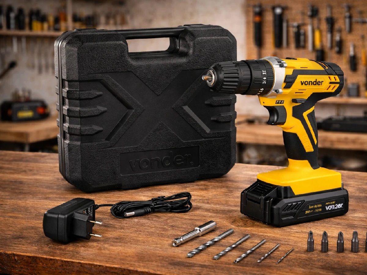 Parafusadeira Vonder PFV 238i 20V com maleta, carregador e acessórios sobre bancada de oficina