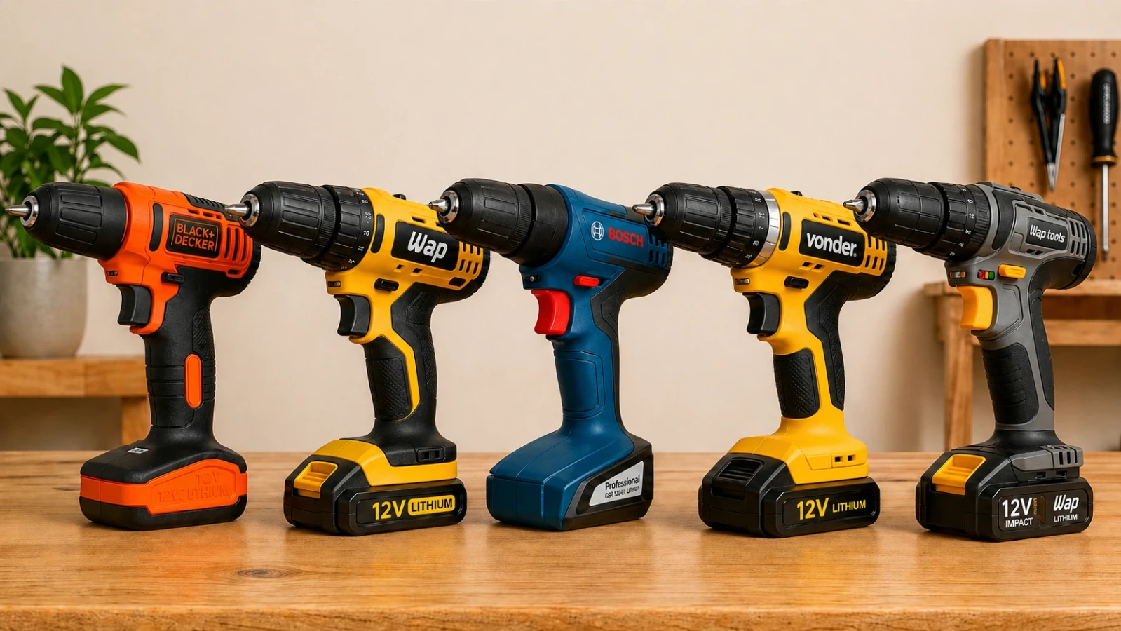 Parafusadeiras até 300 reais lado a lado mostrando opções para uso doméstico com modelos WAP, Black+Decker, Vonder e Bosch