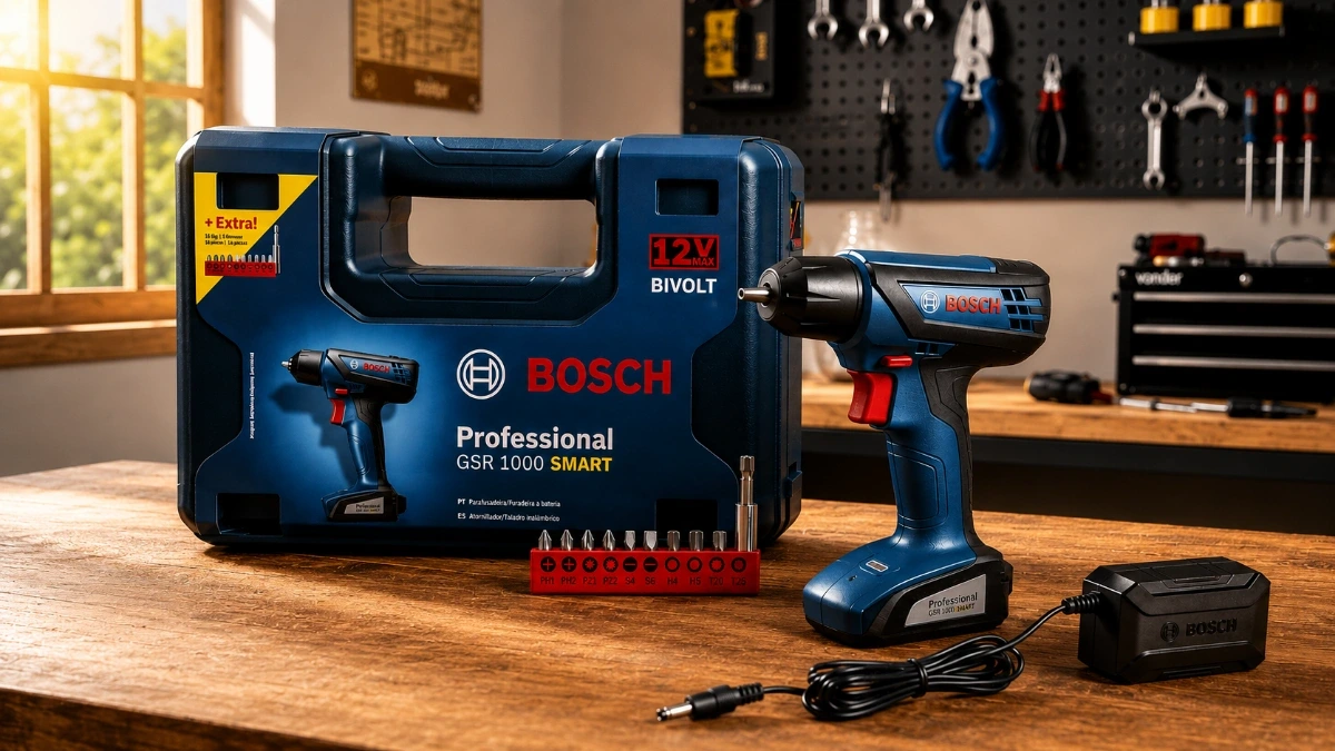 Parafusadeira Bosch GSR 1000 Smart 12V com maleta, carregador e conjunto de bits sobre bancada de oficina