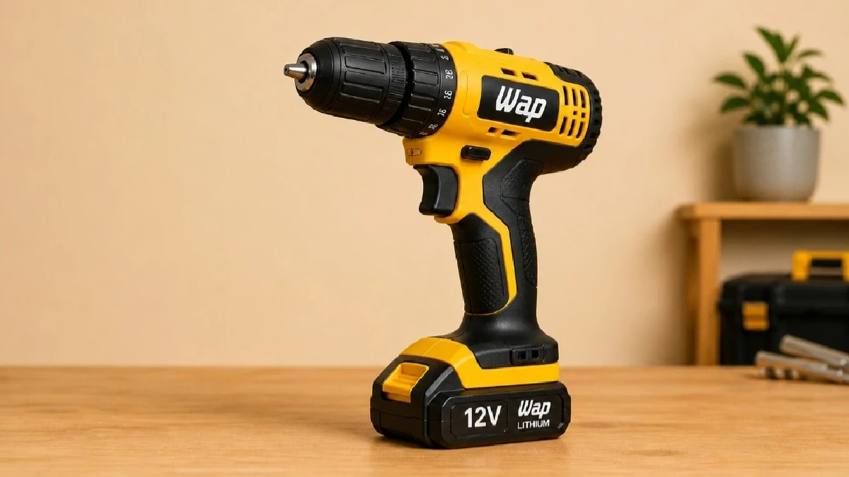 Parafusadeira WAP BPF12K3 12V com design compacto em destaque sobre mesa de madeira
