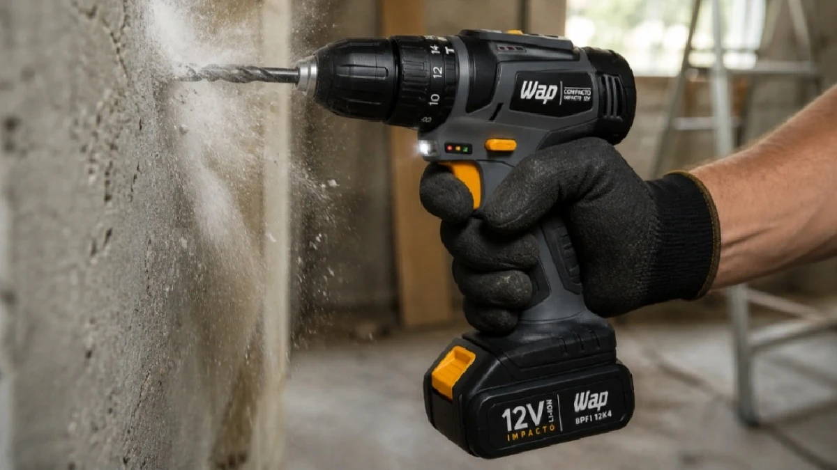 Parafusadeira WAP BPF12K4 12V com impacto perfurando parede de concreto em uso
