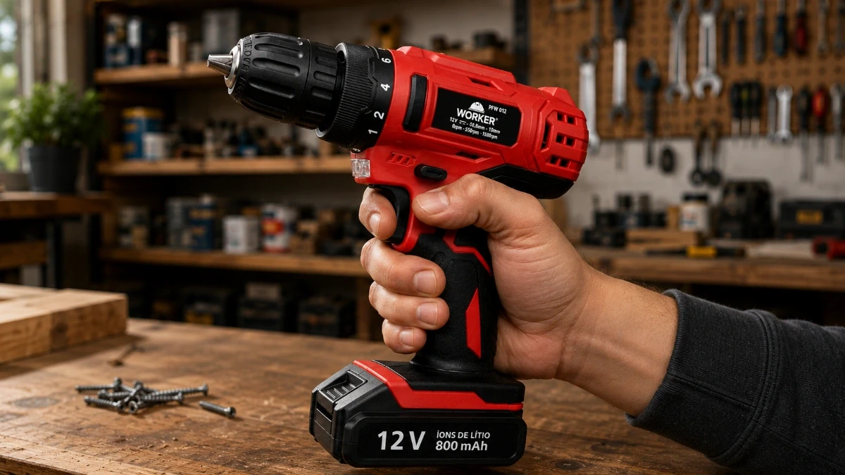 Parafusadeira Worker PFW 012 12V vermelha em uso — menor torque e menor preço da categoria 12V com 10 Nm