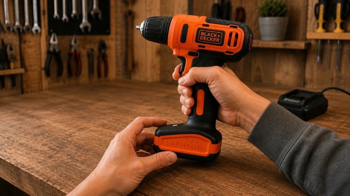 Parafusadeira Black+Decker LD12S 12V com bateria integrada em bancada de trabalho