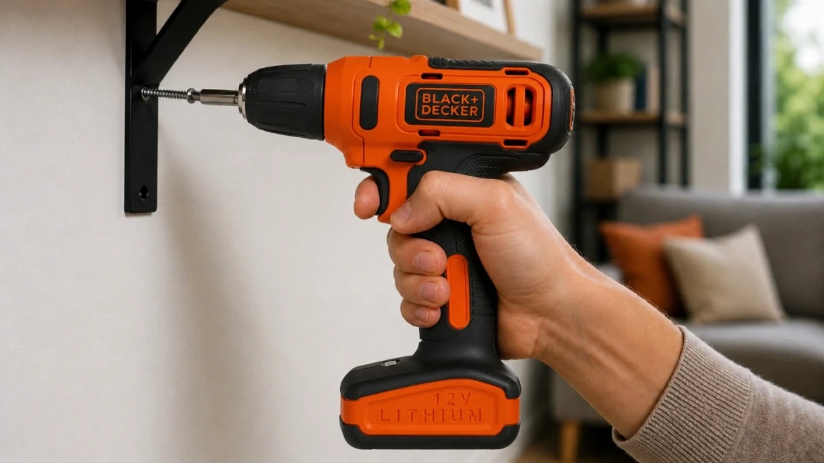 Parafusadeira Black+Decker LD12S 12V fixando suporte de prateleira na parede