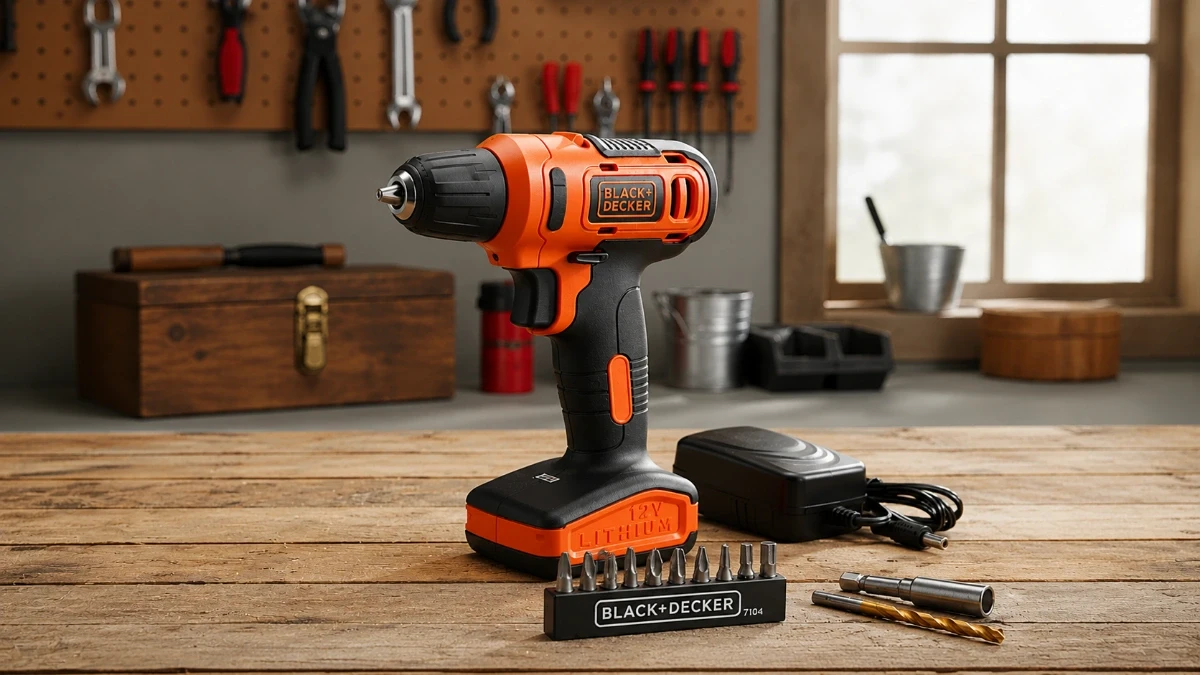 Parafusadeira Black+Decker LD12S 12V com acessórios sobre bancada de trabalho