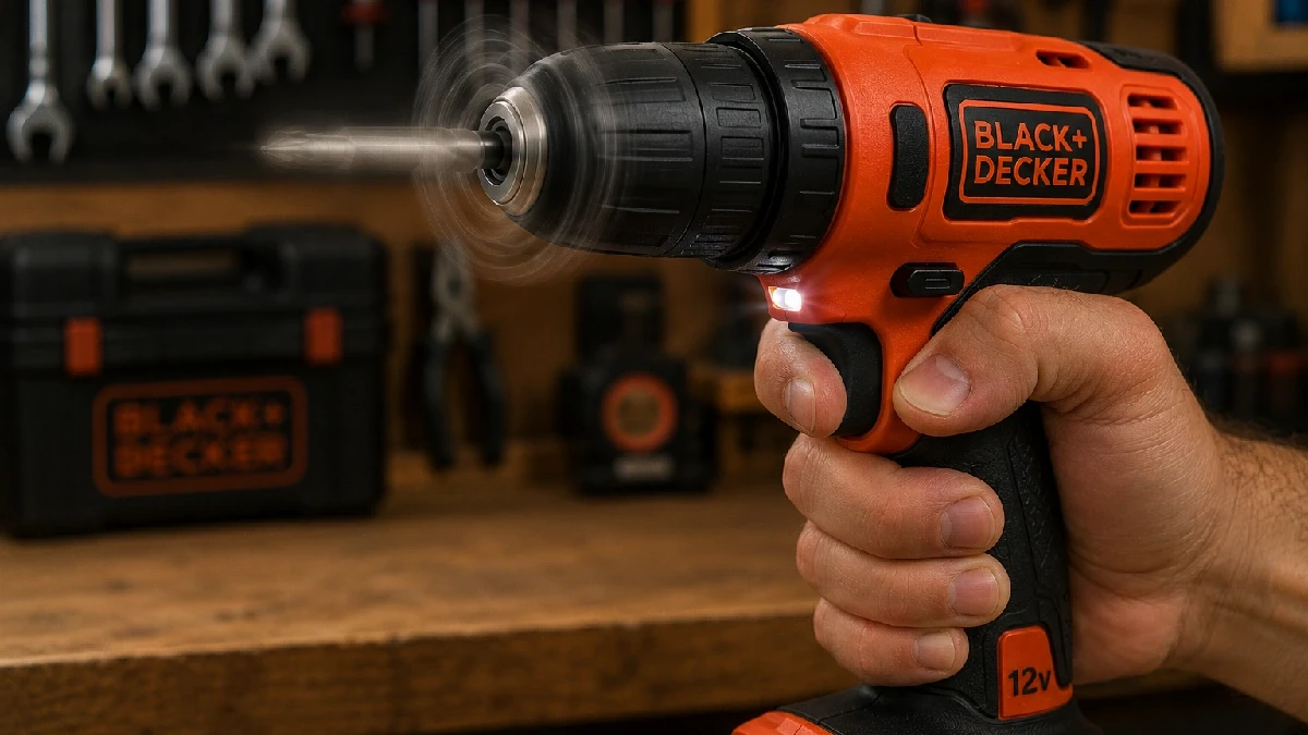 Mandril da Black+Decker LD12S em detalhe — 900 RPM com velocidade variável